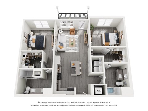 Floor plan for 2 beds, 2 baths, 1229 sqft